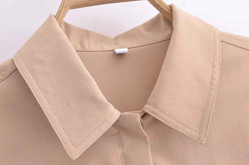 Fashion Khaki Woven Color-block Lapel Shirt,Blouses