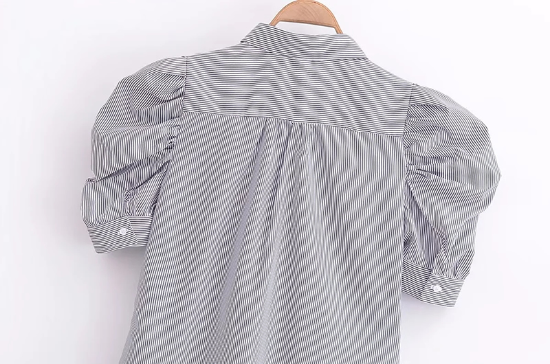 Fashion Grey Woven Striped Puff-sleeve Shirt,Blouses