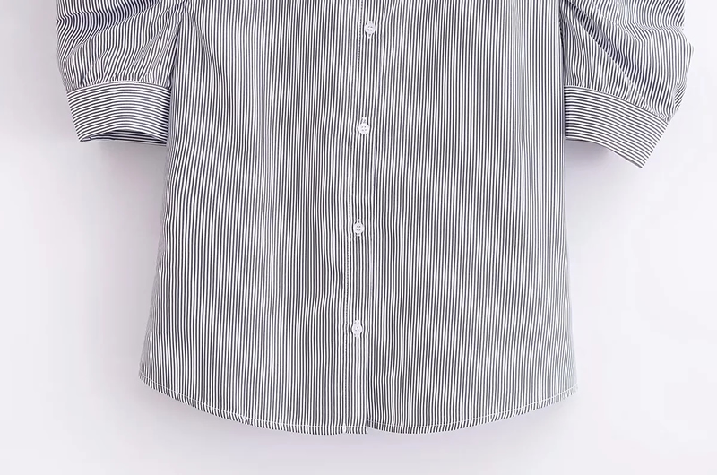 Fashion Grey Woven Striped Puff-sleeve Shirt,Blouses