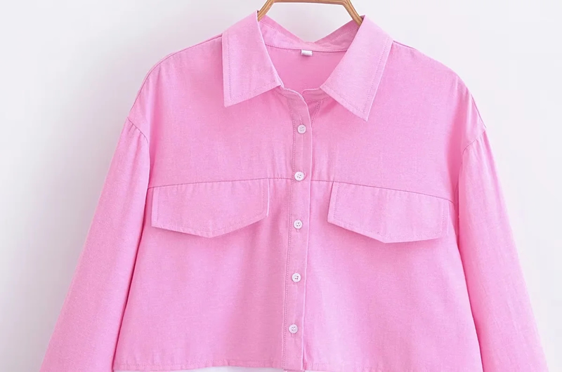 Fashion Pink Woven Lapel Button-down Shirt,Blouses