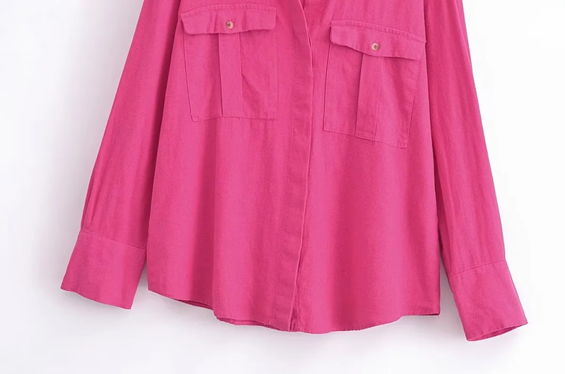 Fashion Rose Red Woven Lapel Button-down Shirt,Blouses