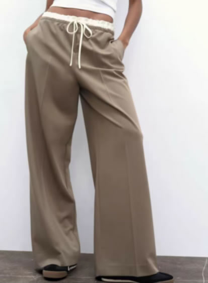 Fashion Khaki Woven Lace-up Straight-leg Trousers,Pants