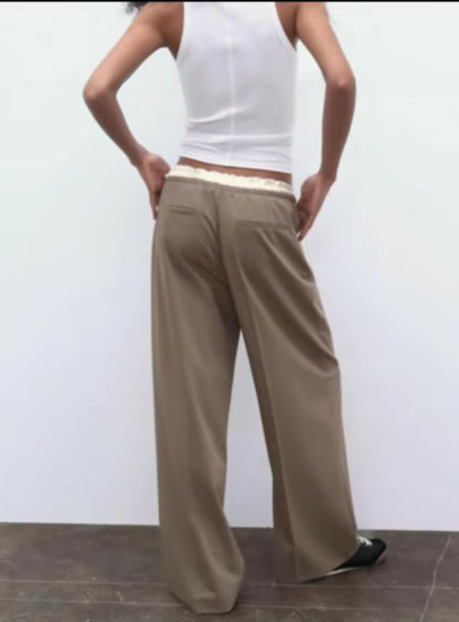 Fashion Khaki Woven Lace-up Straight-leg Trousers,Pants