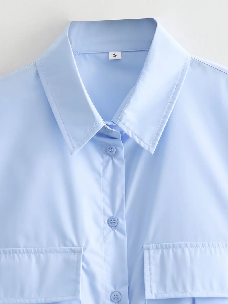 Fashion Light Blue Polyester Double Pocket Lapel Shirt,Blouses