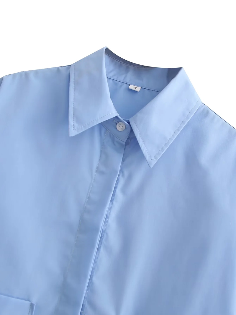 Fashion Pure Blue Polyester Lapel Shirt,Blouses