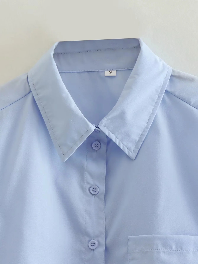 Fashion Aqua Blue Polyester Lapel Shirt,Blouses