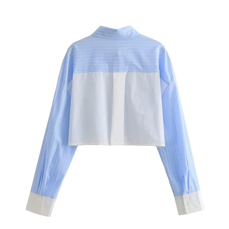 Fashion Blue Strips Contrast Striped Lapel Shirt,Blouses