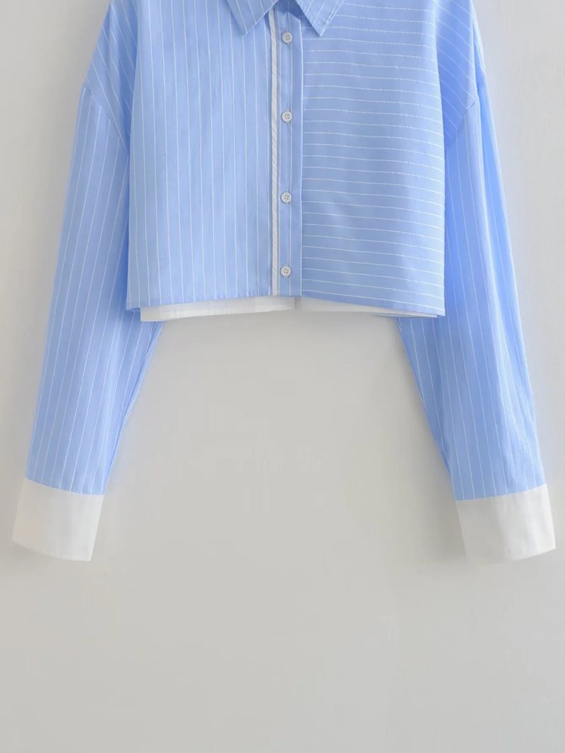 Fashion Blue Strips Contrast Striped Lapel Shirt,Blouses