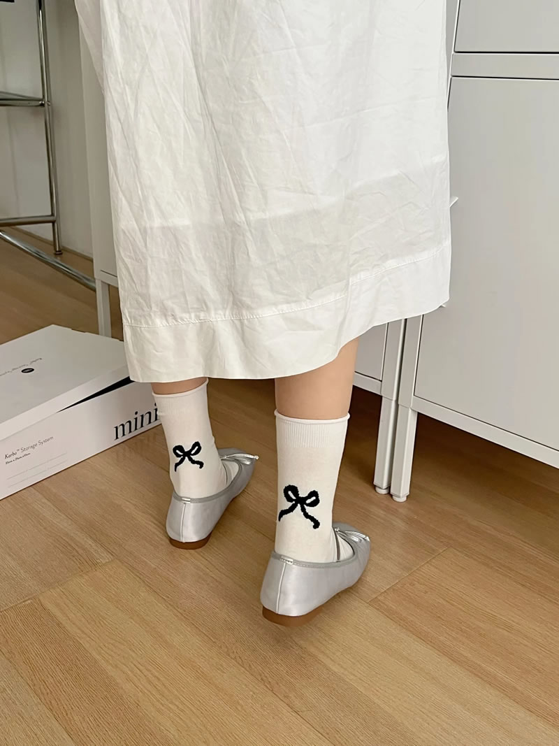 Fashion Milky White Heel Bow Print Rolled Hem Mid-calf Socks,Fashion Socks