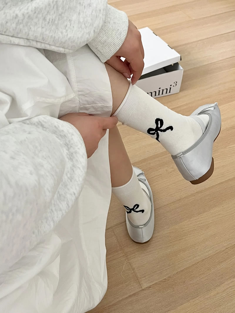 Fashion Grey Heel Bow Print Rolled Hem Mid-calf Socks,Fashion Socks