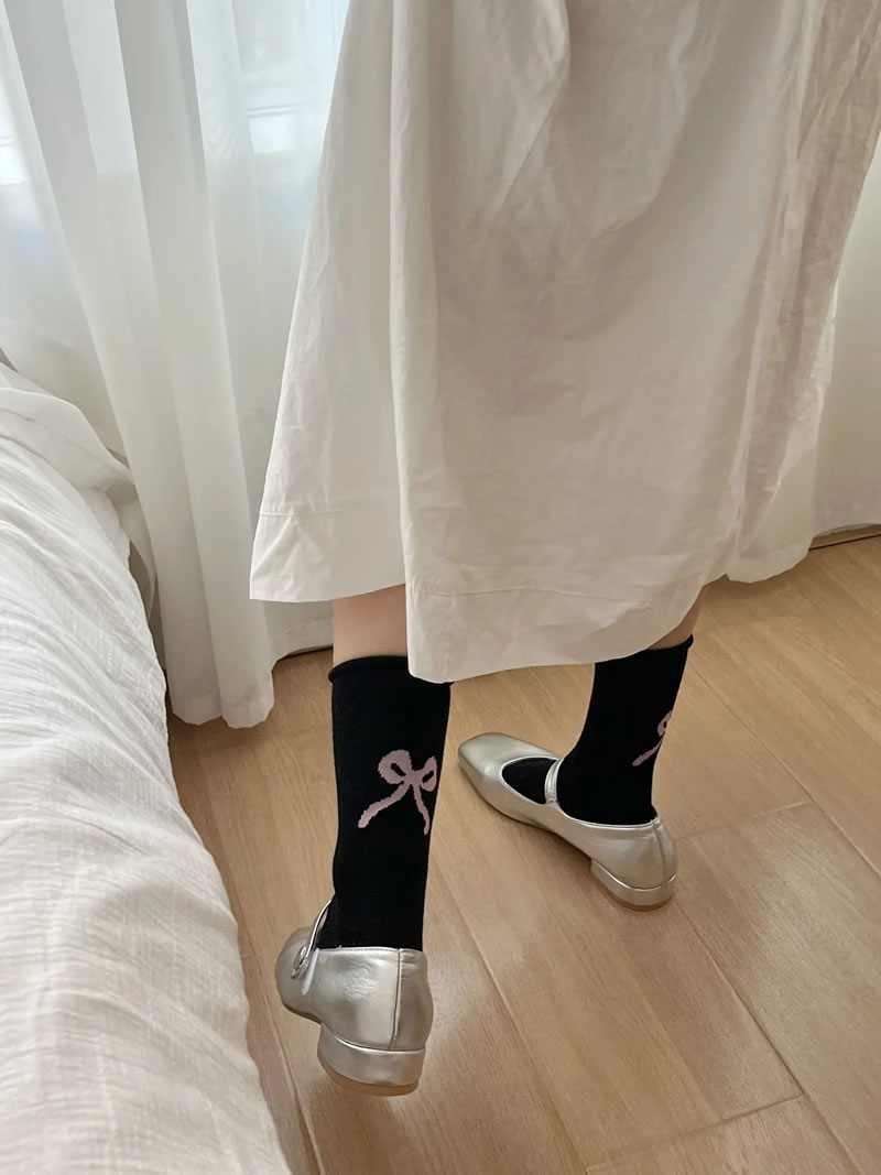 Fashion Black Heel Bow Print Rolled Hem Mid-calf Socks,Fashion Socks