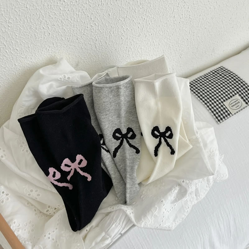Fashion Milky White Heel Bow Print Rolled Hem Mid-calf Socks,Fashion Socks