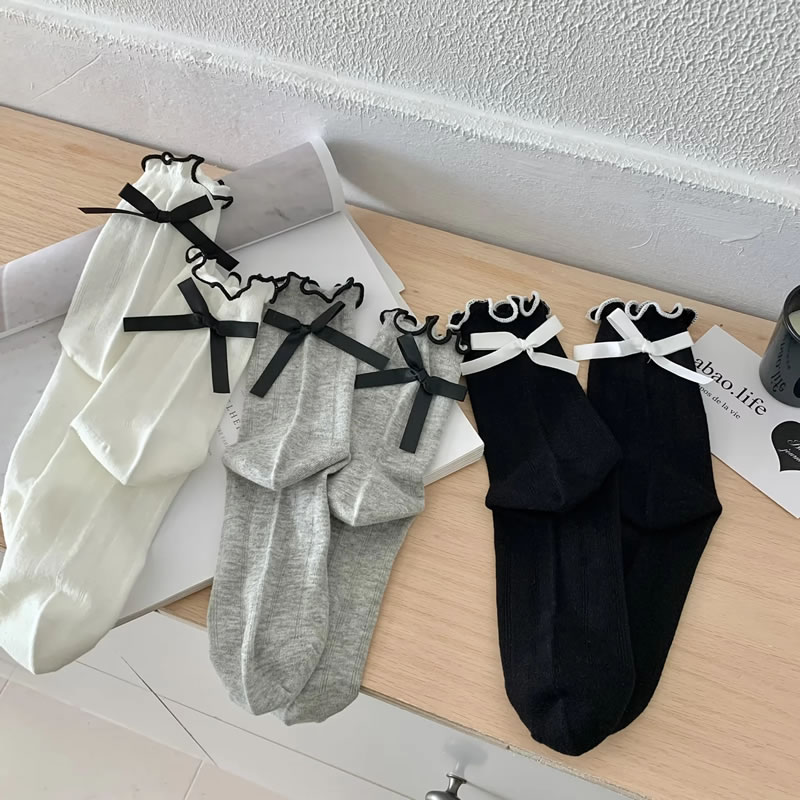 Fashion Light Grey Heel Bow Fungus Mid-calf Socks,Fashion Socks
