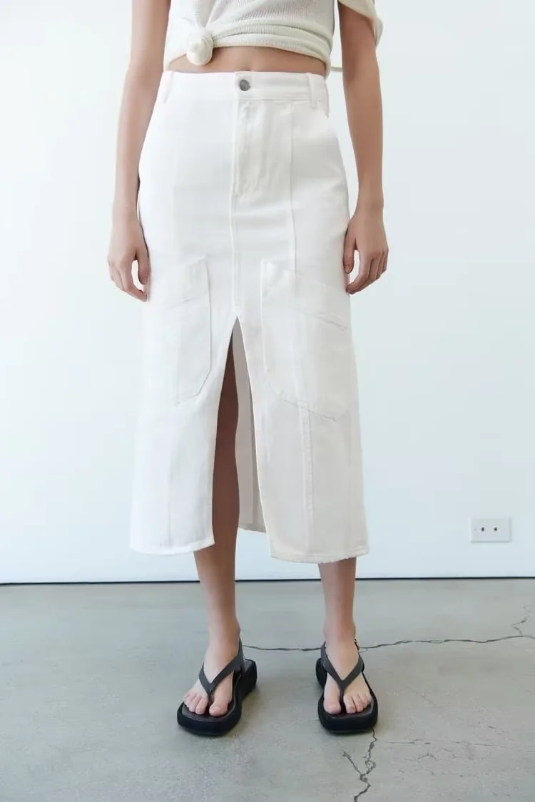 Fashion White Denim High Waist Slit Straight Skirt,Denim