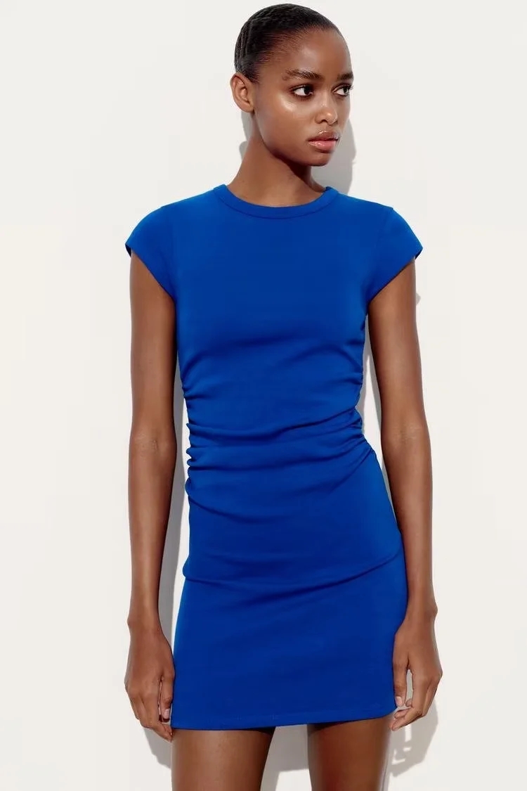 Fashion Blue Blend Pleated Ribbed Skirt,Skirts