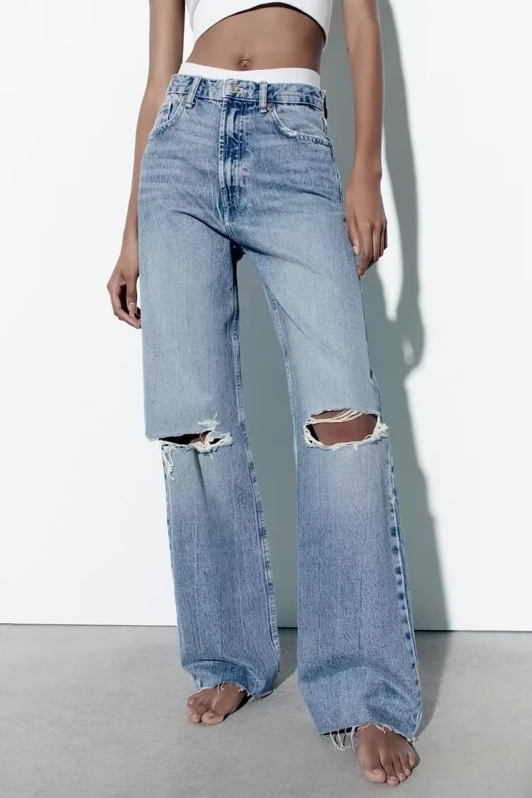 Fashion Light Blue Distressed High-waisted Wide-leg Jeans,Denim