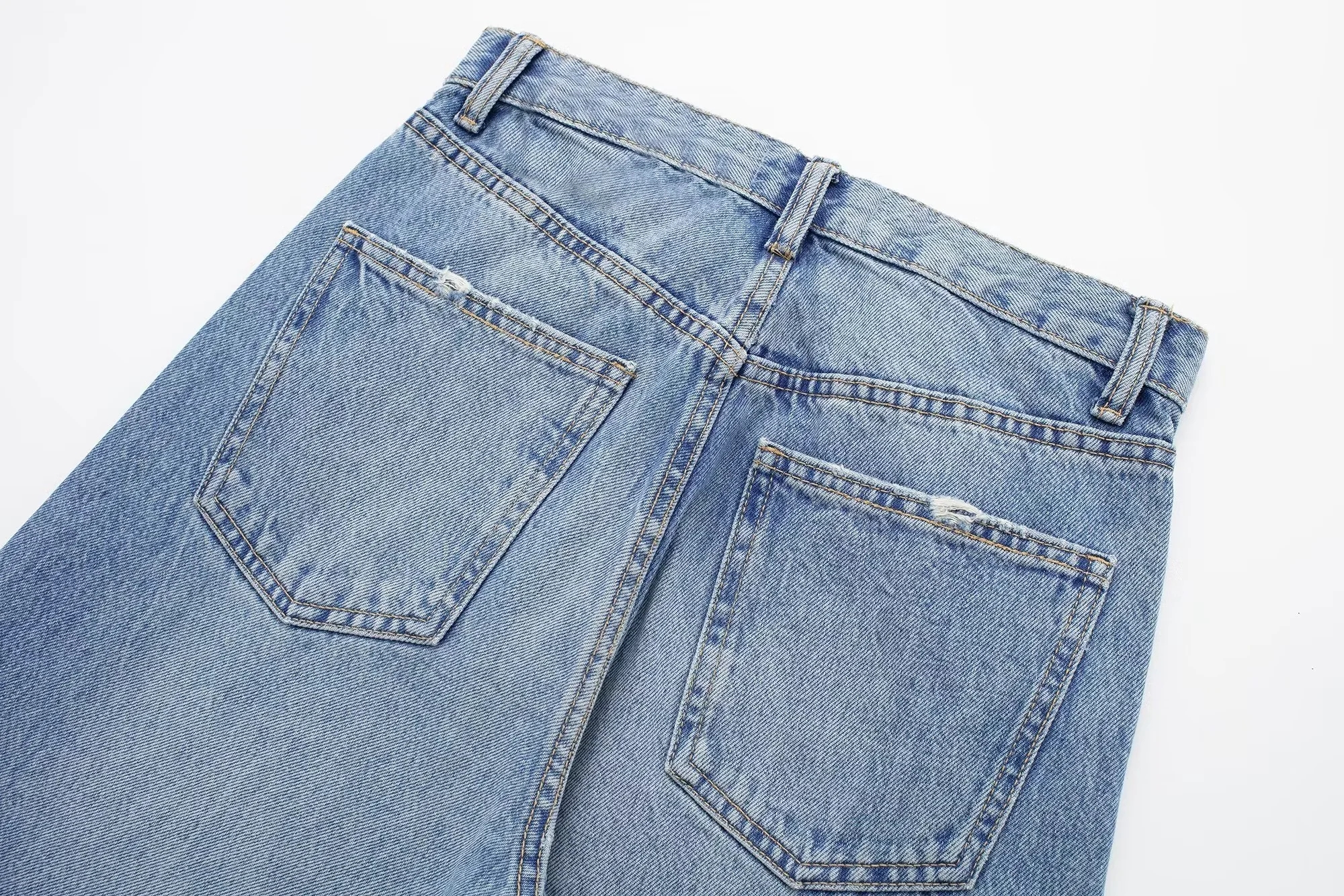 Fashion Light Blue Distressed High-waisted Wide-leg Jeans,Denim