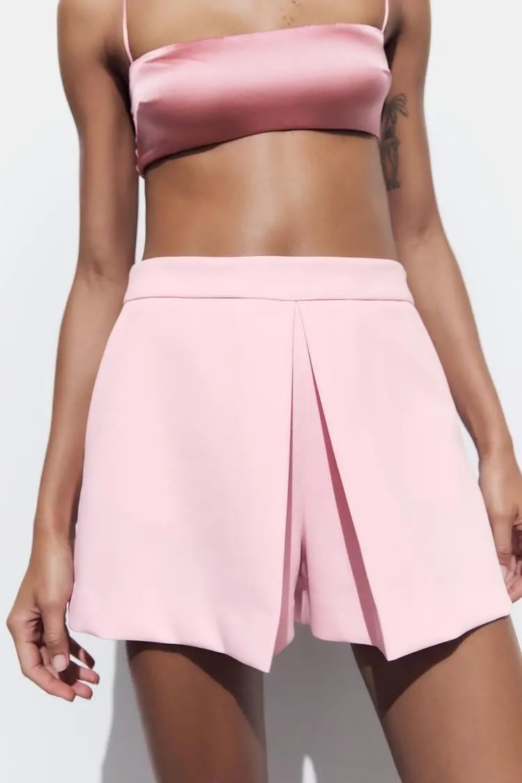 Fashion Pink Polyester Pleated Shorts,Shorts