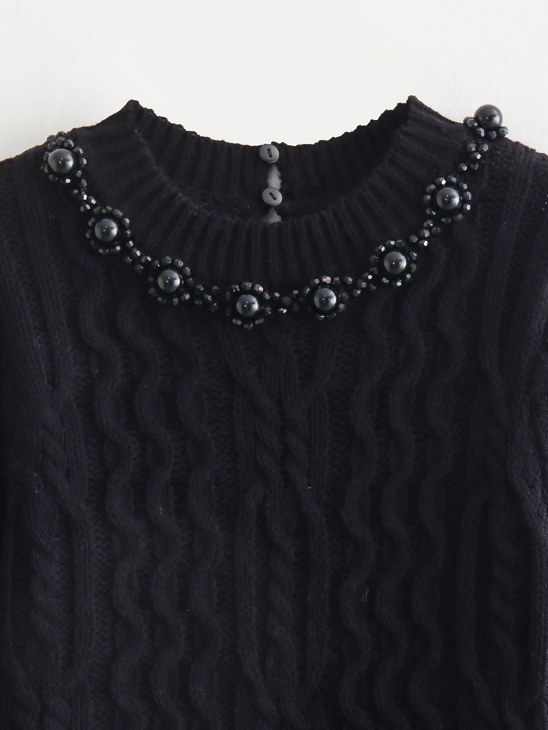 Fashion Black Beaded Knitted Sweater,Sweater