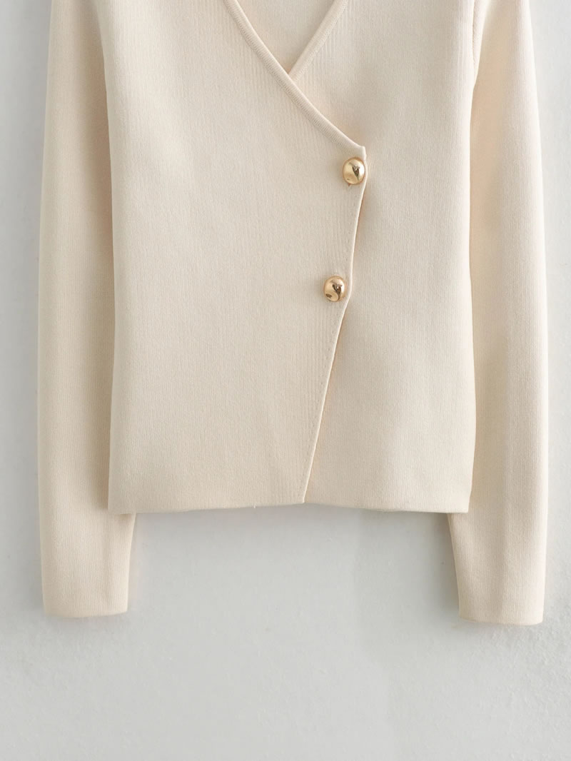 Fashion Beige Knitted Bias Button Jacket,Coat-Jacket