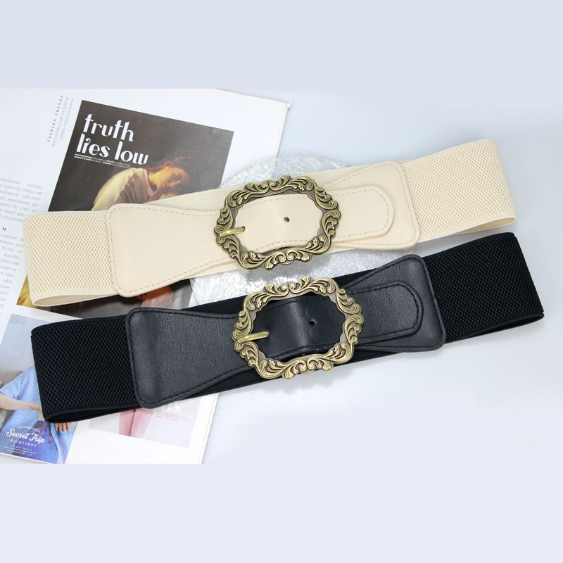 Fashion Black Wide Elastic Belt With Engraved Metal Buckle,Wide belts