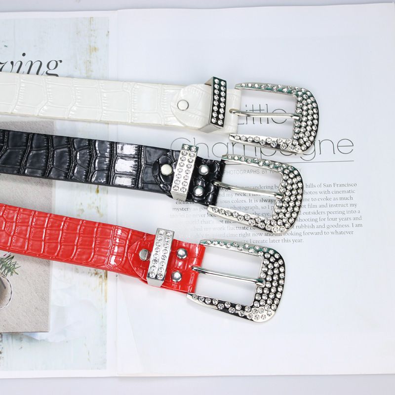 Fashion White Wide Leather Belt With Diamond Square Buckle,Wide belts