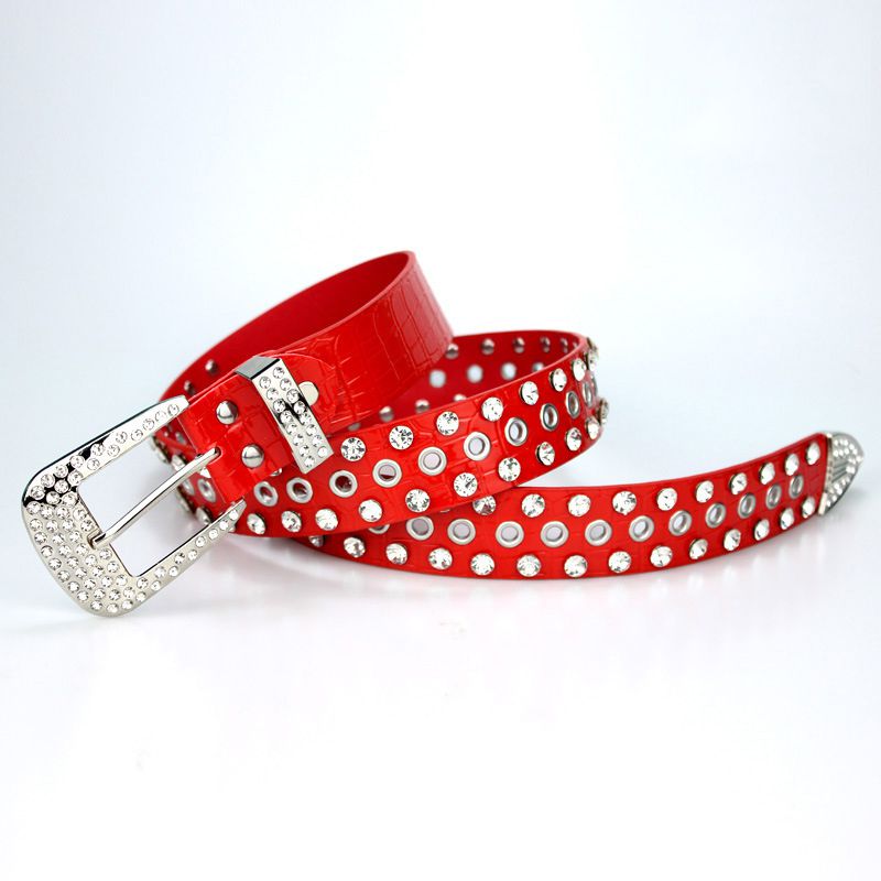 Fashion Red Wide Leather Belt With Diamond Square Buckle,Wide belts