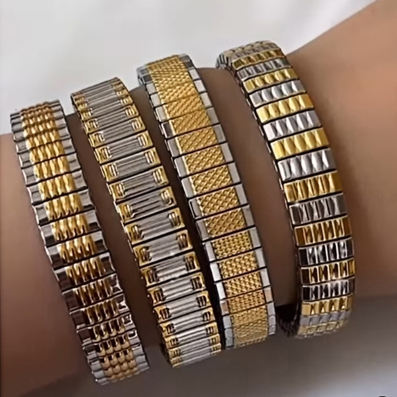 Fashion Golden 3 Titanium Steel Colorblock Geometric Stretch Bracelet,Bracelets