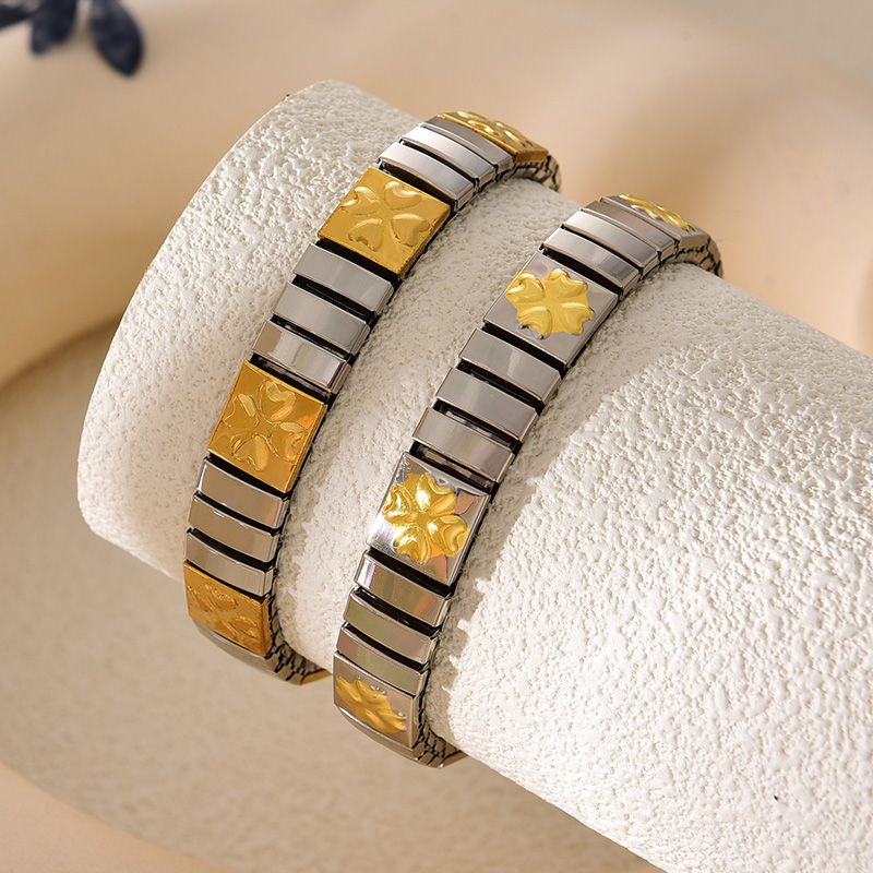 Fashion Golden 1 Titanium Steel Color Block Flower Stretch Bracelet,Bracelets