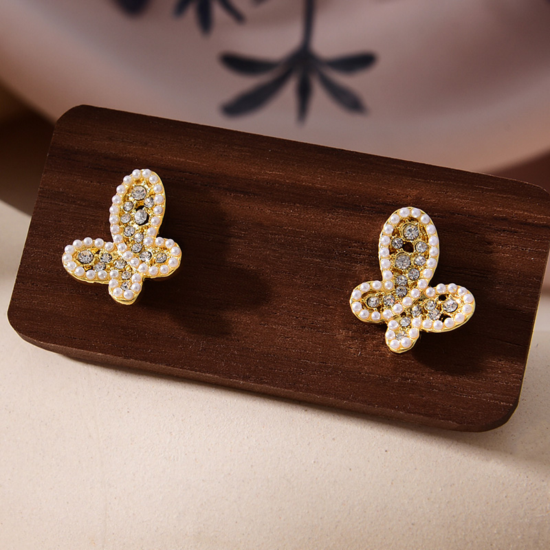 Fashion Gold Alloy Diamond Pearl Butterfly Stud Earrings,Stud Earrings