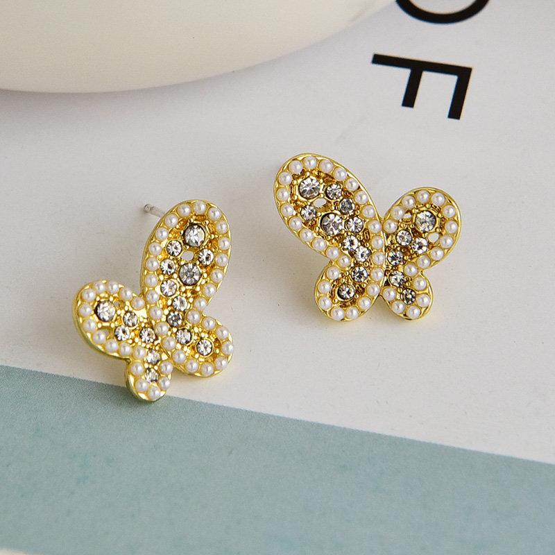 Fashion Gold Alloy Diamond Pearl Butterfly Stud Earrings,Stud Earrings