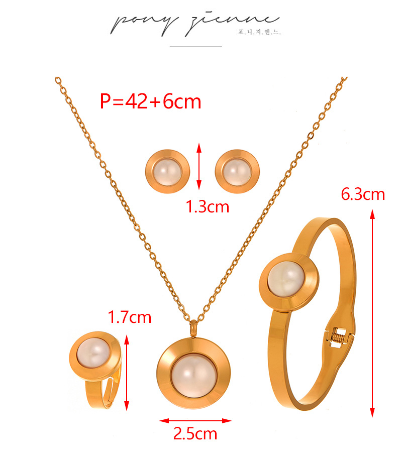 Fashion White Titanium Steel Pearl Round Pendant Necklace Earrings Ring Bracelet 5-piece Set,Jewelry Set