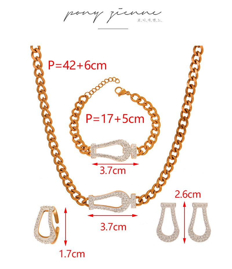 Fashion Gold Titanium Steel Inlaid With Zirconium Geometric Pendant Thick Chain Necklace Earrings Ring Bracelet 5-piece Set,Jewelry Set