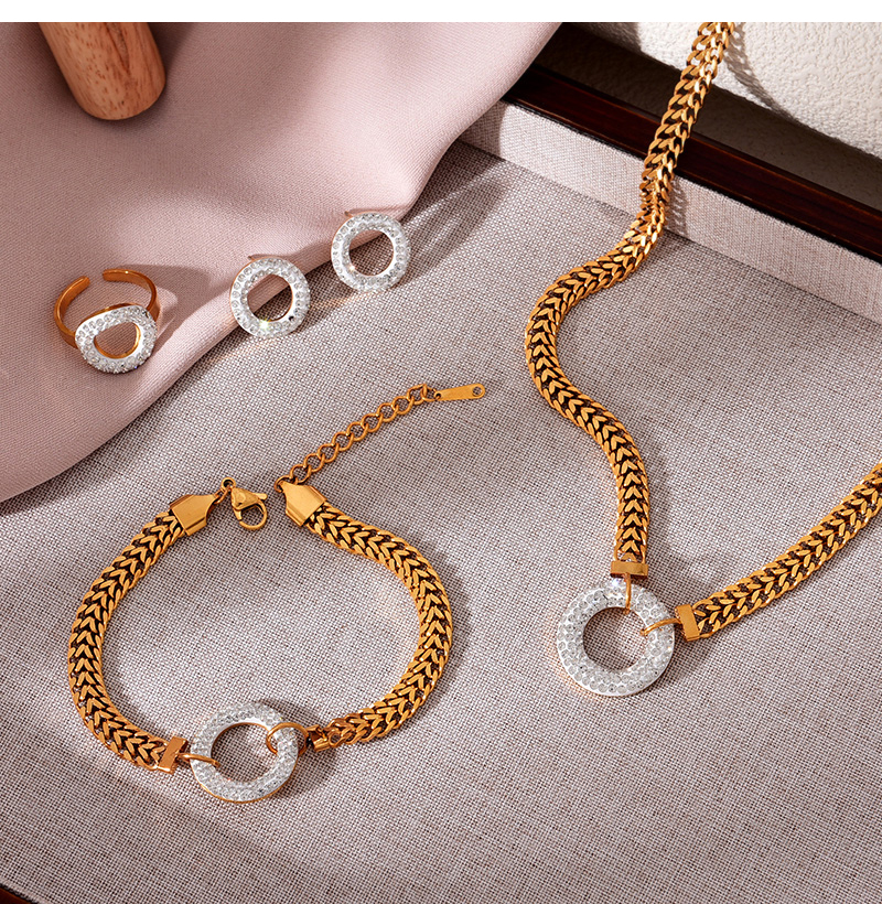 Fashion Gold Titanium Steel Inlaid With Zirconium Round Pendant Thick Chain Necklace Earrings Ring Bracelet 5-piece Set,Jewelry Set