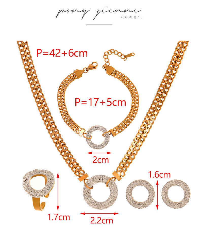 Fashion Gold Titanium Steel Inlaid With Zirconium Round Pendant Thick Chain Necklace Earrings Ring Bracelet 5-piece Set,Jewelry Set