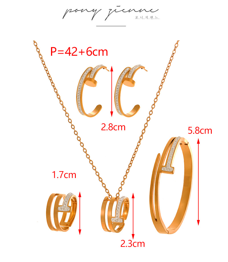 Fashion White Titanium Steel Inlaid With Zirconium Nails Pendant Necklace Earrings Ring Bracelet 5-piece Set,Jewelry Set