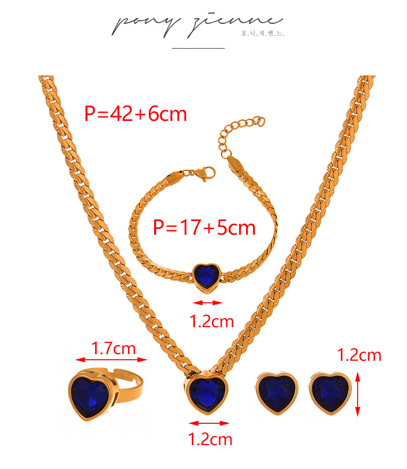 Fashion Navy Blue Titanium Steel Inlaid With Zirconium Love Pendant Thick Chain Necklace Earrings Ring Bracelet 5-piece Set,Jewelry Set