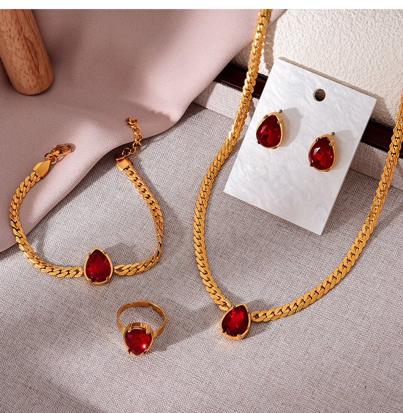 Fashion Red Titanium Steel Inlaid With Zirconium Water Drop Pendant Thick Chain Necklace Earrings Ring Bracelet 5-piece Set,Jewelry Set