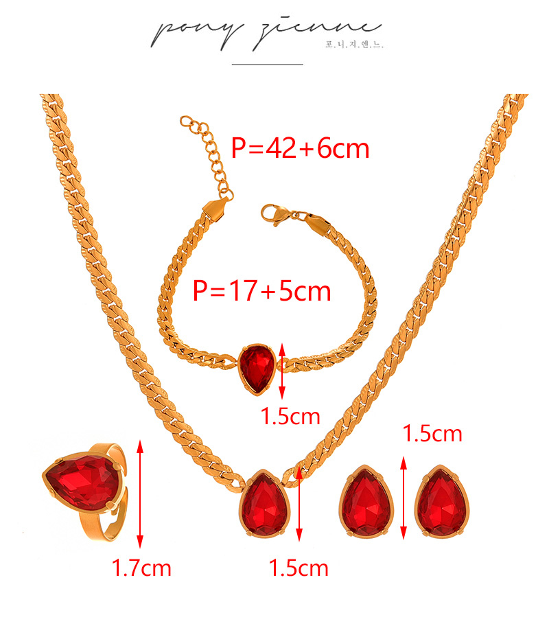 Fashion Red Titanium Steel Inlaid With Zirconium Water Drop Pendant Thick Chain Necklace Earrings Ring Bracelet 5-piece Set,Jewelry Set