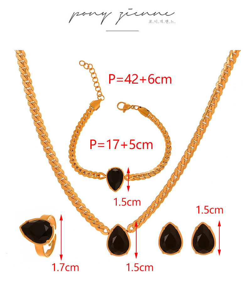 Fashion Black Titanium Steel Inlaid With Zirconium Water Drop Pendant Thick Chain Necklace Earrings Ring Bracelet 5-piece Set,Jewelry Set