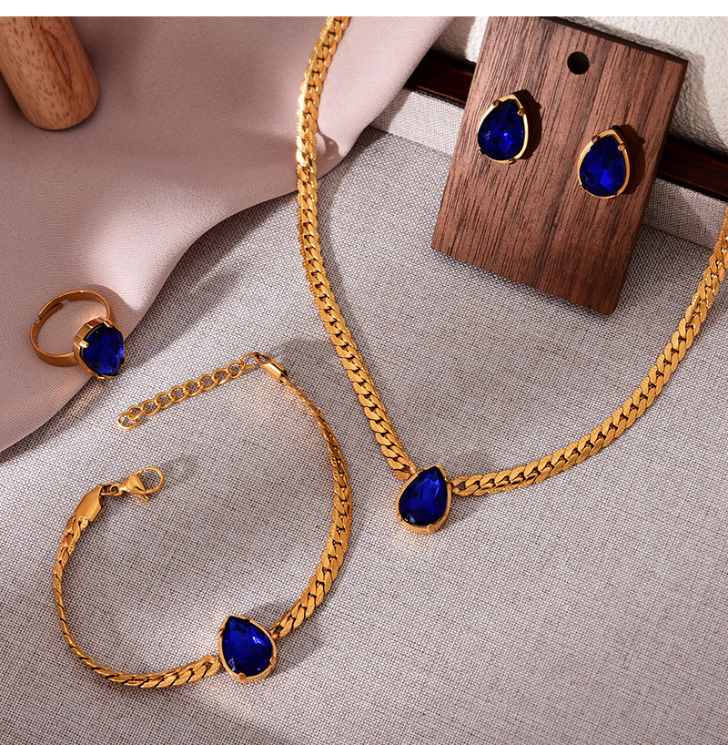 Fashion Navy Blue Titanium Steel Inlaid With Zirconium Water Drop Pendant Thick Chain Necklace Earrings Ring Bracelet 5-piece Set,Jewelry Set