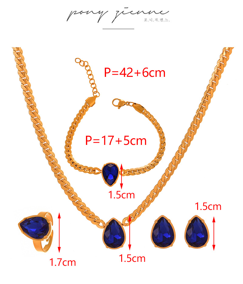 Fashion Navy Blue Titanium Steel Inlaid With Zirconium Water Drop Pendant Thick Chain Necklace Earrings Ring Bracelet 5-piece Set,Jewelry Set