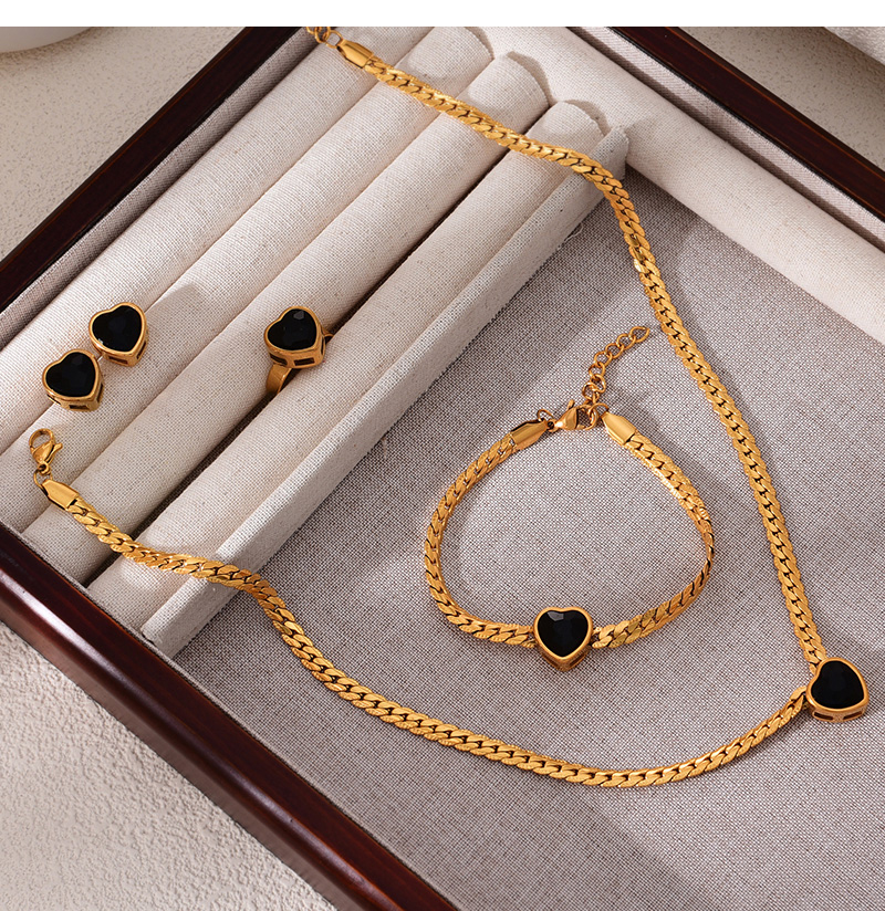 Fashion Black Titanium Steel Inlaid With Zirconium Love Pendant Thick Chain Necklace Earrings Ring Bracelet 5-piece Set,Jewelry Set