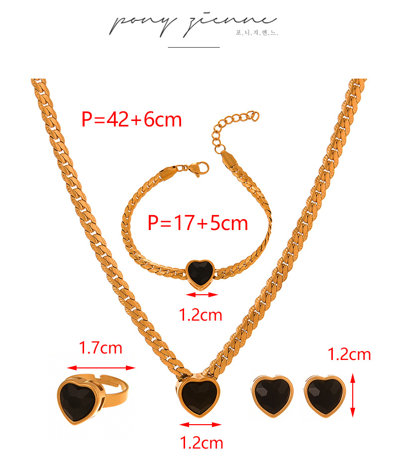Fashion Black Titanium Steel Inlaid With Zirconium Love Pendant Thick Chain Necklace Earrings Ring Bracelet 5-piece Set,Jewelry Set