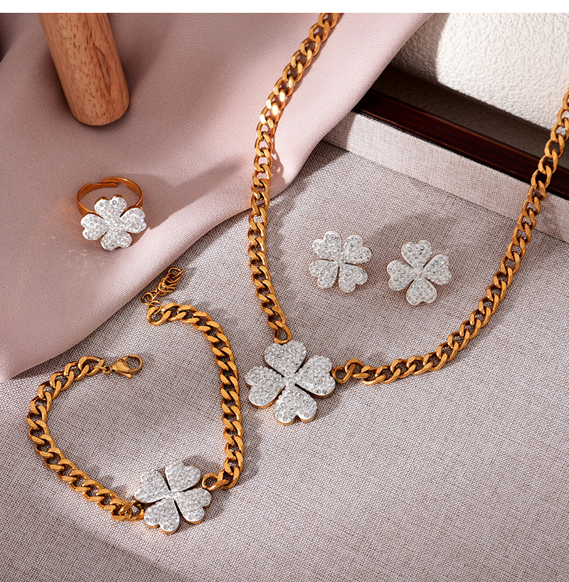 Fashion Gold Titanium Steel Inlaid With Zirconium Flower Pendant Necklace Earrings Ring Bracelet 5-piece Set,Jewelry Set