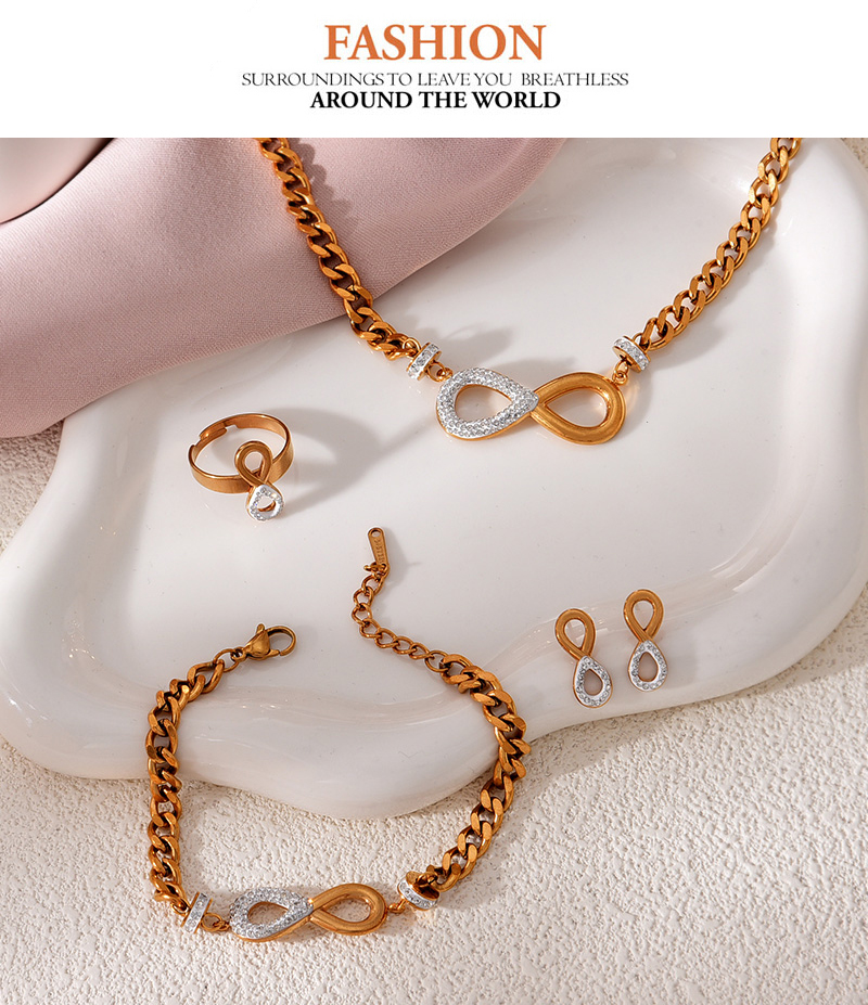 Fashion Gold Titanium Steel Inlaid With Zirconium Number 8 Pendant Necklace Earrings Ring Bracelet 5-piece Set,Jewelry Set
