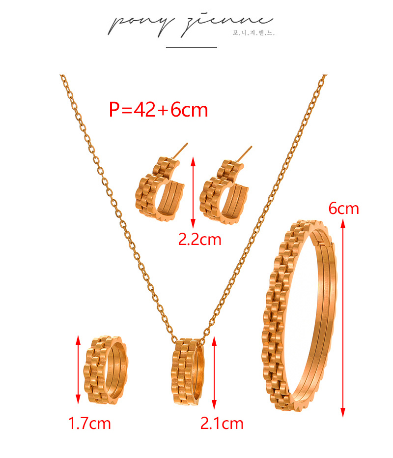 Fashion Gold Titanium Steel Chain Ring Pendant Necklace Earrings Ring Bracelet 5-piece Set,Jewelry Set