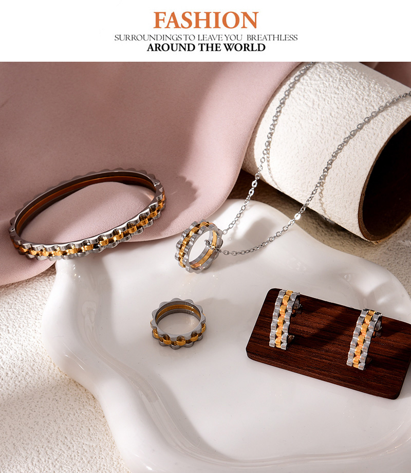 Fashion Silver Titanium Steel Chain Love Ring Pendant Necklace Earrings Ring Bracelet 5-piece Set,Jewelry Set