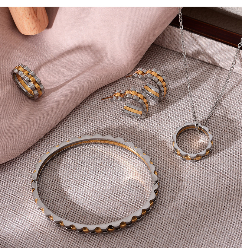 Fashion Silver Titanium Steel Chain Love Ring Pendant Necklace Earrings Ring Bracelet 5-piece Set,Jewelry Set