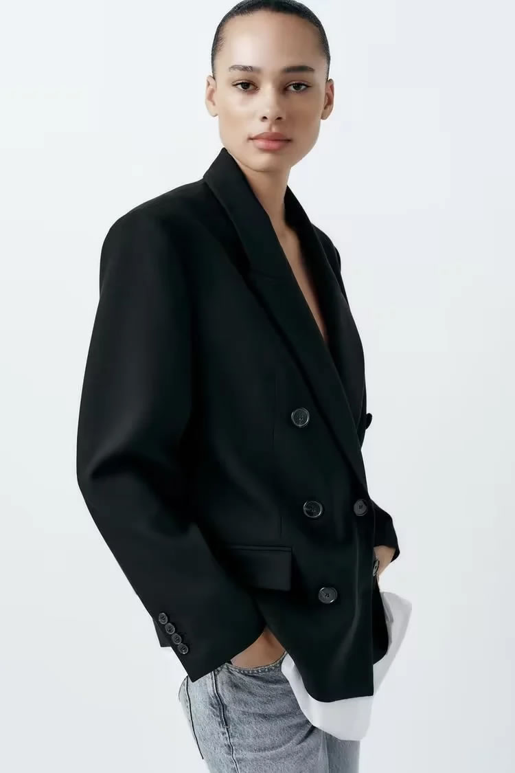 Fashion Black Polyester Double-breasted Blazer,Suits